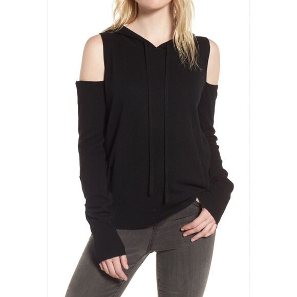 Pam & Gela Distressed Cold Shoulder Hoodie Black Medium - Picture 1 of 6